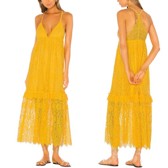 Saylor - Women’s ‘Danette’ Midi Dress, Lace, Racerback Pom-Pom - Yellow, X-Small - Picture 1 of 13